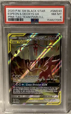 2020 POKEMON SM BLACK STAR #SM240 ESPEON & DEOXYS GX TAG TEAM PSA 8 - Image 1