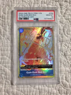 2024 ONE PIECE PREMIUM BOOSTER ALTERNATE ART #056 GUM-GUM RED ROC PSA 10 - Image 1