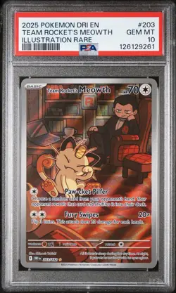 2025 Pokemon DRI EN Team Rocket's Meowth Illustration Rare PSA 10 Gem Mint - Image 4