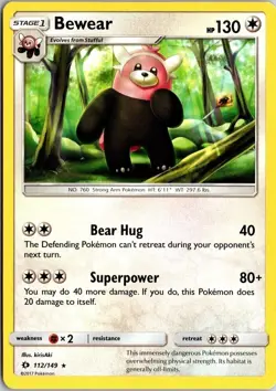 Bewear Sun & Moon 112/149 Rare 2017 Pokemon Card TCG CCG - Image 1