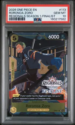 2026 ONE PIECE REGIONALS PACK 2026 SEASON 1 FINALIST #113 RORONOA ZORO PSA 10 - Image 1