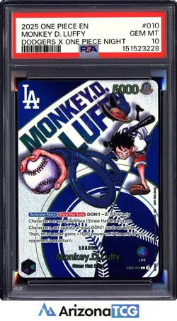 One Piece 2025 Monkey D. Luffy EB02-010 Dodgers X One Piece Night GEM MT PSA 10 - Image 1