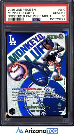 One Piece 2025 Monkey D. Luffy EB02-010 Dodgers X One Piece Night GEM MT PSA 10 - Image 1