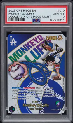 One Piece 2025 Monkey D. Luffy EB02-010 Dodgers GEM MT PSA 10 - Image 1