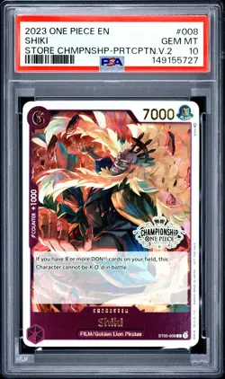 2023 ONE PIECE PROMOS STORE CHAMPIONSHIP-PARTICIPATION VOL.2 #008 SHIKI PSA 10 - Image 1