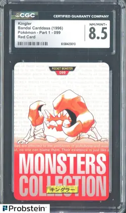 1996 Pokemon Vintage Bandai Carddass Part 1 #99 Red Card Kingler CGC 8.5 Mint - Image 1