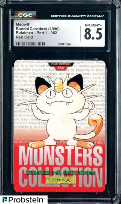1996 Pokemon Vintage Bandai Carddass Part 1 #52 Red Card Meowth CGC 8.5 Mint - Image 1