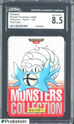 1996 Pokemon Vintage Bandai Carddass Part 2 #139 Red Card Omastar CGC 8.5 Mint - Image 1
