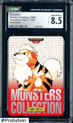 1996 Pokemon Vintage Bandai Carddass Part 2 #58 Red Card Growlithe CGC 8.5 Mint - Image 1