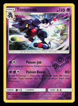 Toxicroak 55/147 Reverse Holo Rare Burning Shadows Pokemon Card - Image 1