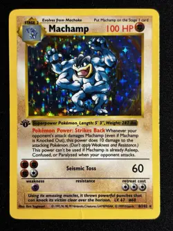 1999 Pokemon Base Set Shadowless 1st Edition Machamp #8/102 Holo RARE - Image 1
