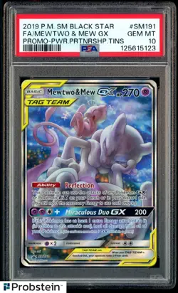 2019 Pokemon SM BSP Power Partnership Tins #SM191 FA Mewtwo & Mew GX PSA 10 - Image 1