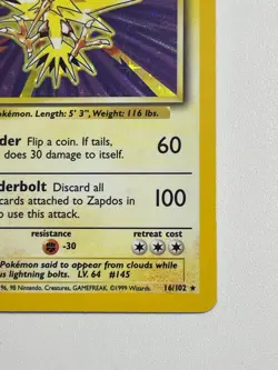 ** Pokemon TCG Zapdos 16/102 Holo Holo Rare LP - Image 5