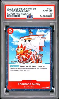 2022 ONE PIECE SUPER PRE RELEASE ST01-017 THOUSAND SUNNY PSA 10 GEM MINT - Image 1
