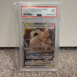 2019 POKEMON SUN & MOON TEAM UP #120 EEVEE & SNORLAX GX PSA 9 - Image 1