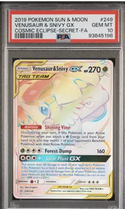 2019 POKEMON SUN & MOON COSMIC ECLIPSE #249 VENUSAUR & SNIVY GX PSA 10 - Image 1