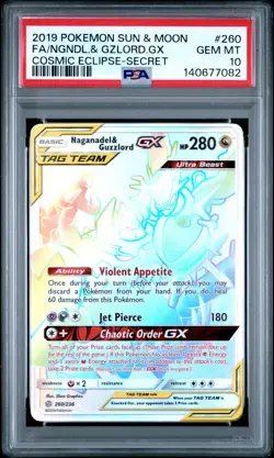 Pokemon Cosmic Eclipse Secret Rainbow Naganadel & Guzzlord GX PSA 10 - Image 1