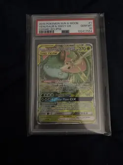 2019 POKEMON SUN & MOON COSMIC ECLIPSE #1 VENUSAUR & SNIVY GX PSA 10 - Image 1