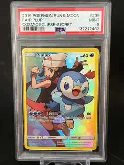 2019 POKEMON SUN & MOON COSMIC ECLIPSE SECRET #239 FULL ART/PIPLUP PSA 9 - Image 1