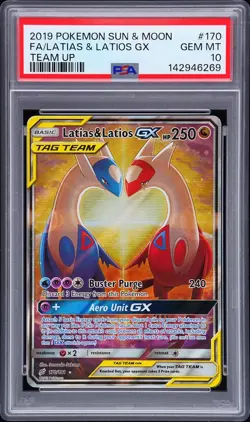 2019 POKEMON SUN & MOON TEAM UP #170 FA/LATIAS & LATIOS GX PSA 10 - Image 1