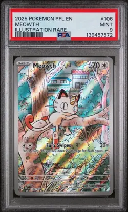 2025 POKEMON PFL EN-PHANTASMAL FLAMES #106 MEOWTH ILLUSTRATION RARE PSA 9 - Image 1