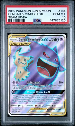 2019 POKEMON SUN & MOON TEAM UP #164 FULL ART/GENGAR & MIMIKYU GX PSA 10 - Image 1