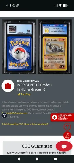 (POP 1) CGC 10 PRISTINE Brock's Geodude 66/132 Gym Heroes Pokemon 1st Edition - Image 5
