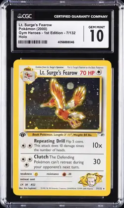 2000 POKEMON GYM HEROES 1ST EDITION HOLO #7 LT. SURGE'S FEAROW CGC 10 GEM MINT - Image 1