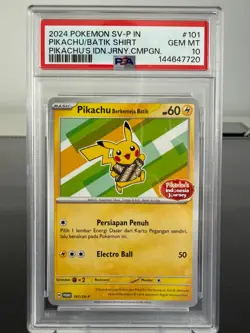 Pokemon TCG PSA 10 GEM MINT Pikachu Berkemeja Batik 101/SV-P Indonesian Promo - Image 1