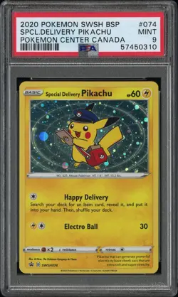 2020 POKEMON SWSH BLACK STAR PROMO #074 SPCL.DELIVERY PIKACHU PKMN.CENTER CANADA - Image 1