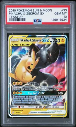 2019 POKEMON SUN & MOON TEAM UP #33 PIKACHU & ZEKROM GX PSA 10 - Image 1