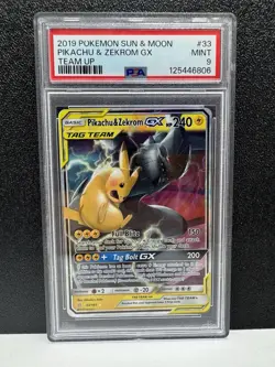 2019 POKEMON SUN & MOON TEAM UP #33 PIKACHU & ZEKROM GX PSA 9 - Image 1