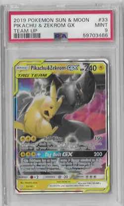 PSA 9 Pikachu & Zekrom GX 33/181 Tag Team Holo Sun & Moon Team Up 2019 Pokemon - Image 1