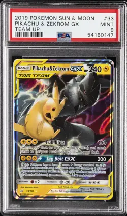 2019 POKEMON SUN & MOON TEAM UP #33 PIKACHU & ZEKROM GX PSA 9 - Image 1