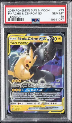 2019 POKEMON SUN & MOON TEAM UP #33 PIKACHU & ZEKROM GX PSA 10 - Image 1
