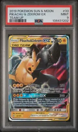 2019 POKEMON SUN & MOON TEAM UP #33 PIKACHU & ZEKROM GX PSA 9 - Image 1