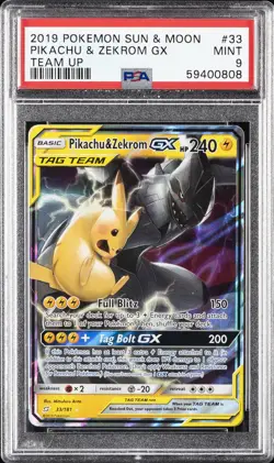 2019 POKEMON SUN & MOON TEAM UP #33 PIKACHU & ZEKROM GX PSA 9 - Image 1