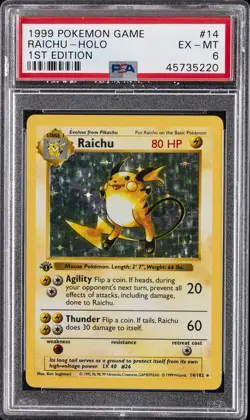 1999 POKEMON BASE SET 1ST EDITION #14 RAICHU-HOLO PSA 6 - Image 1
