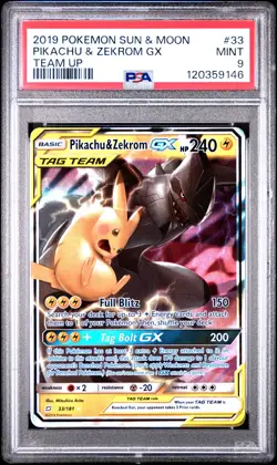 2019 POKEMON SUN & MOON TEAM UP #33 PIKACHU & ZEKROM GX PSA 9 - Image 1