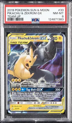 2019 POKEMON SUN & MOON TEAM UP #33 PIKACHU & ZEKROM GX PSA 8 - Image 1
