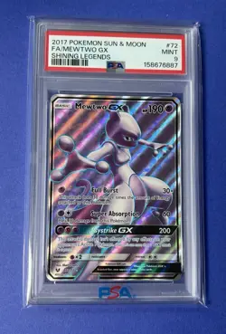 2017 Pokemon Sun & Moon FA/MewTwo GX Shining Legends #72 PSA 9 MINT - Image 1