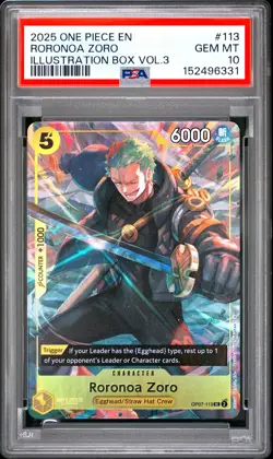 2025 ONE PIECE PROMOS ILLUSTRATION BOX VOL.3 #113 RORONOA ZORO PSA 10 - Image 1