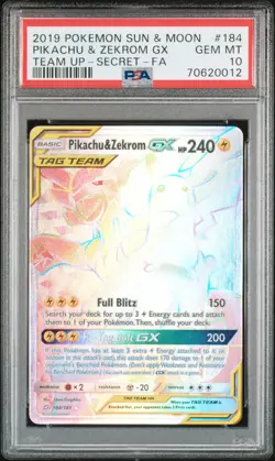 2019 POKEMON SUN & MOON TEAM UP SECRET #184 FULL ART/PIKACHU & ZEKROM GX PSA 10 - Image 1