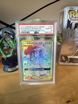 Pokemon TCG Reshiram & Zekrom Rainbow GX Cosmic Eclipse Tag Team PSA 10 - Image 1