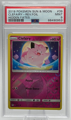 2019 POKEMON SUN & MOON HIDDEN FATES #39 CLEFAIRY REVERSE FOIL PSA 9 MINT - Image 1