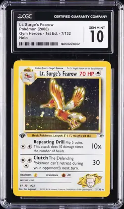 2000 POKEMON GYM HEROES HOLO-1ST ED #7 LT. SURGE'S FEAROW CGC 10 GEM MINT - Image 1