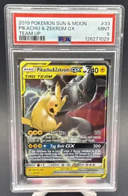 PIKACHU & ZEKROM GX 2019 POKEMON TEAM UP RARE HOLO GX 33/181 PSA 9 - Image 1