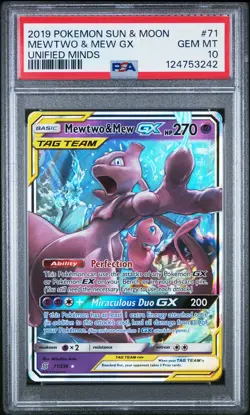 2019 POKEMON SUN & MOON UNIFIED MINDS #71 MEWTWO & MEW GX PSA 10 - Image 1