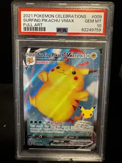2021 POKEMON CELEBRATIONS #009 FULL ART/SURFING PIKACHU VMAX PSA 10 - Image 1