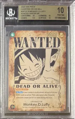 2025 ONE PIECE CARRYING HIS WILL MONKEY D LUFFY WANTED OP13 118 BGS 10 PRISTINE - Image 1